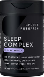 Sports Research® Sleep Complex with Melatonin 5mg, L-Theanine 200mg & Magnesium - Supports Restorative Sleep & Relaxation - Vegan Certified · Non-GMO · Gluten Free - 60 Veggie Capsules