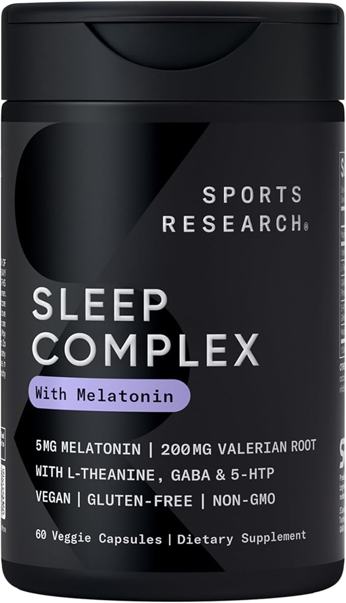 Sports Research® Sleep Complex with Melatonin 5mg, L-Theanine 200mg & Magnesium - Supports Restorative Sleep & Relaxation - Vegan Certified · Non-GMO · Gluten Free - 60 Veggie Capsules