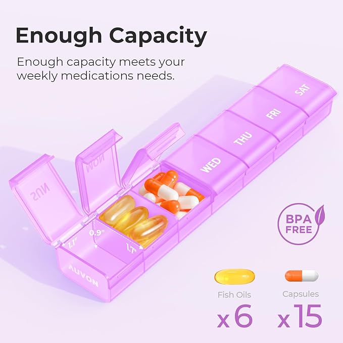 AUVON Weekly Pill Organizer with Effortless Opening Design, Arthritis Friendly Pill Box, BPA-Free Pill Organizer 7 Day, Cute & Portable Pill Case for Vitamins, Supplements and Medications