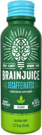 BrainJuice Decaf Brain Support Shot, Gluten Free Supplement Shots for Energy & Focus, Healthy Drinks with Alpha GPC, Vitamin B & Decaffeinated Green Tea Leaf, Classic, 2.5 fl oz, 12 Pack