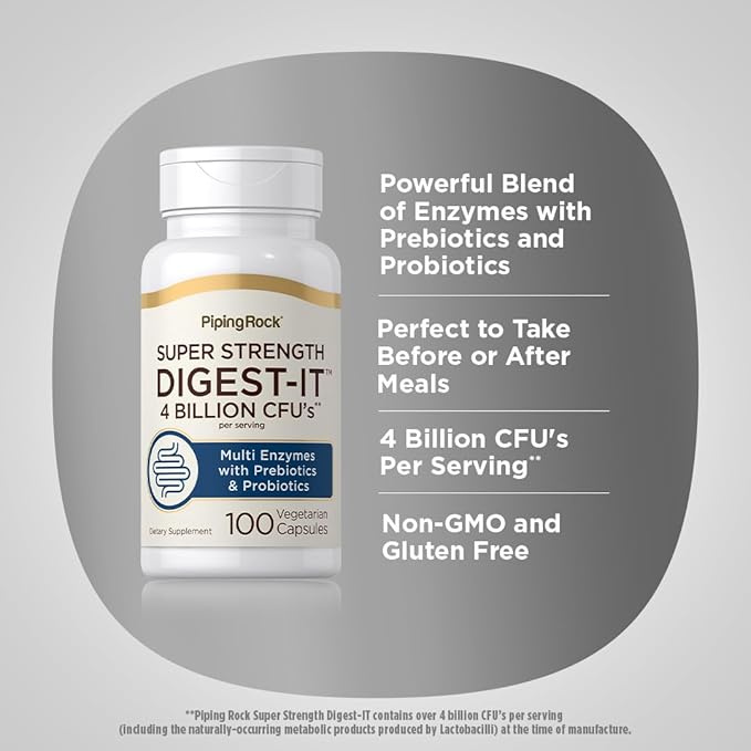 Piping Rock Digestive Enzymes for Women and Men | 100 Capsules | 4 Billion CFU | Multi Supplement with Probiotics and Prebiotics | Extra Strength Pills | Non-GMO, Gluten Free