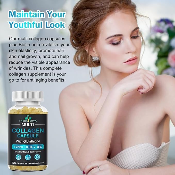 TheraSuva Complete Multi Collagen Complex – Types I, II, III, V & X + Biotin & Vitamin C – Hair, Skin, Nails & Joint Support, 2 Month Supply, 120 Softgels