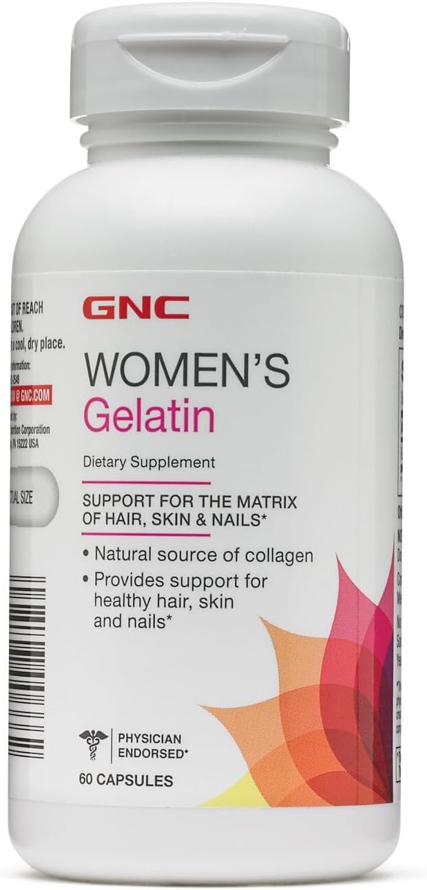 GNC Women's Gelatin Supplement, Supports Healthy Hair, Skin and Nails Natural Collagen Source, 60 Capsules