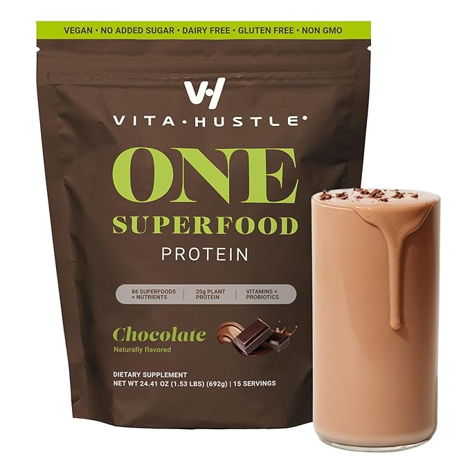 VitaHustle ONE Vegan Chocolate Protein Powder - 20g Plant Protein Meal Replacement with 86+ Superfoods & Greens, Probiotics + No Bloat Digestive Blend - Dairy Free, Gluten Free (15 Servings)
