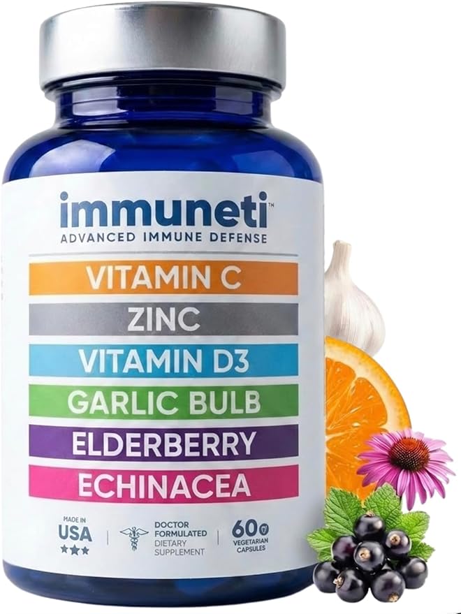 Immuneti Advanced Immune Support – Doctor Formulated 6-in-1 Daily Immunity Supplement – Made in USA – With Vitamin C, D3, Zinc, Elderberry, Garlic & Echinacea - Vital Nutrients & Antioxidants (1)