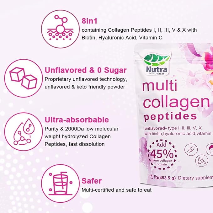 Multi Collagen Peptides Powder, 1LB | (Type I, II, III, V, X) with HyaluronicAcid, Biotin & Vitamin C,Supports Hair, Skin & Joint Health,Unflavored