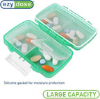 EZY DOSE Moisture-Proof Pill Case, Medicine Planner, Vitamin Organizer Box, Travel-Friendly, Latch-Closure to Secure Contents, 4 Individual Compartments of Multiple Sizes with Tight Seal, Small, Green