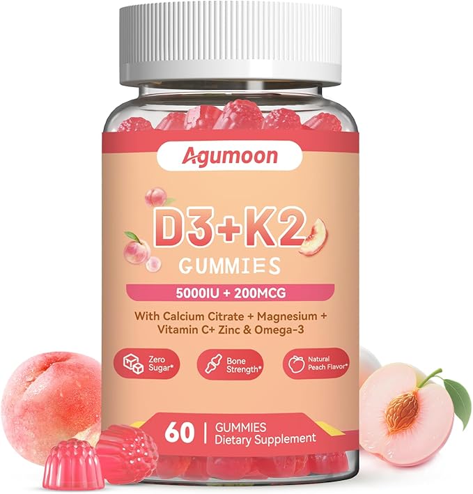 Vitamin D3 K2 Gummies for Adults - Vitamin D3 5000IU + K2 (MK-7) 200mcg, with Calcium Citrate, Magnesium Citrate, Omega-3 for Bone, Muscle, Teeth Immune - 60 Gummies