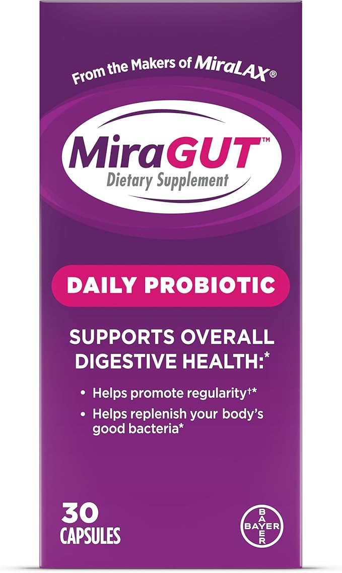 from The Makers of MiraLAX, MiraGUT Daily Probiotic, Probiotics for Digestive Health, Gluten-Free Supplement, Probiotic for Women and Men, Support Overall Digestive Health, 30 Ct