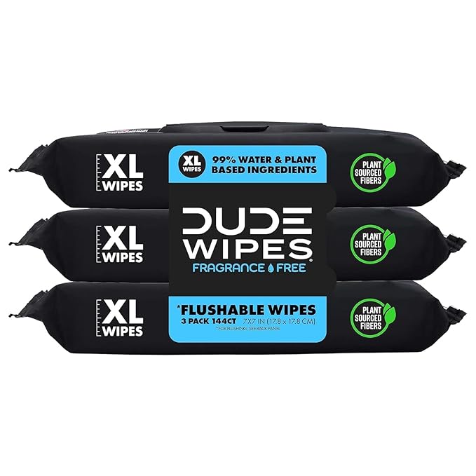 DUDE Wipes Unscented Flushable Wipes - Extra-Large Adult Wet Wipes for Sensitive Skin - 3 Pack (144 Count) - Infused with Vitamin E and Aloe - Septic and Sewer Safe