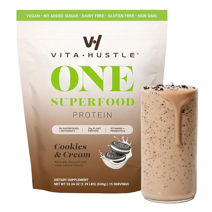 VitaHustle ONE Vegan Cookies & Cream Protein Powder - 20g Plant Protein Meal Replacement with 86+ Superfoods & Greens, Probiotics + No Bloat Digestive Blend - Dairy Free, Gluten Free (15 Servings)