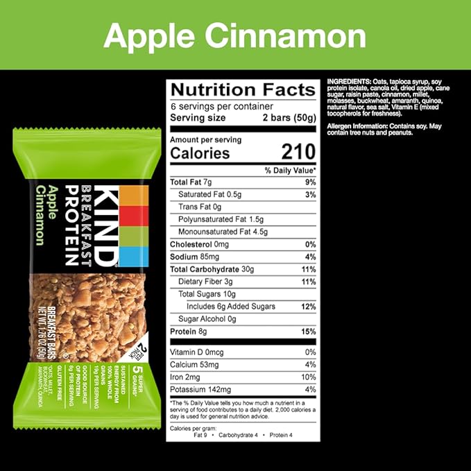 KIND Breakfast Protein, Healthy Snack Bar, Apple Cinnamon, Gluten Free Breakfast Bars, 8g Protein, 1.76OZ Packs, 12 Count (Pack of 2)