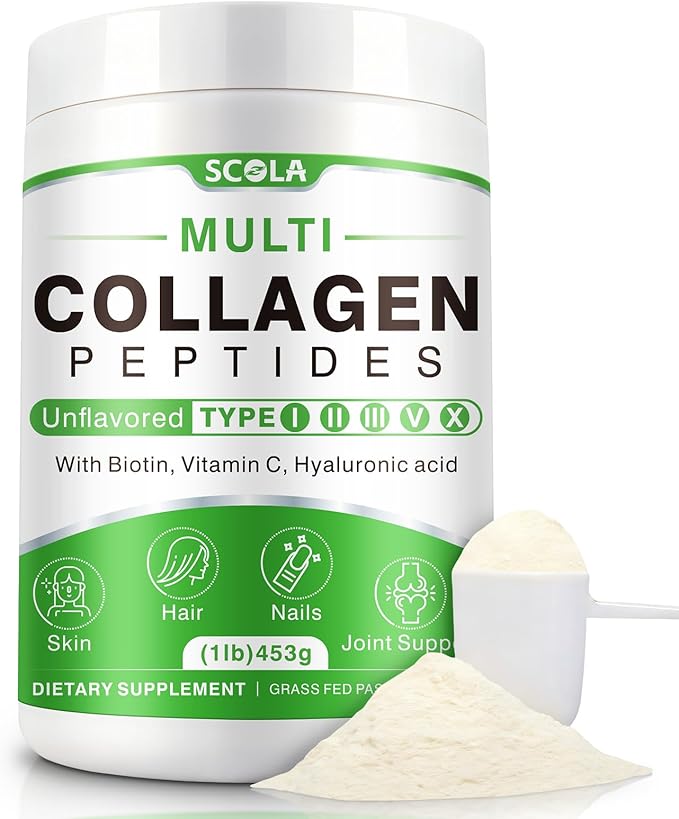 SCOLA Collagen Peptides Powder- Type I, II, III, V, X - Hydrolyzed Collagen Peptides with Vitamin C Hyaluronic Acid, Supports Skin Hair Nail & Joint, Non-GMO, 1lb