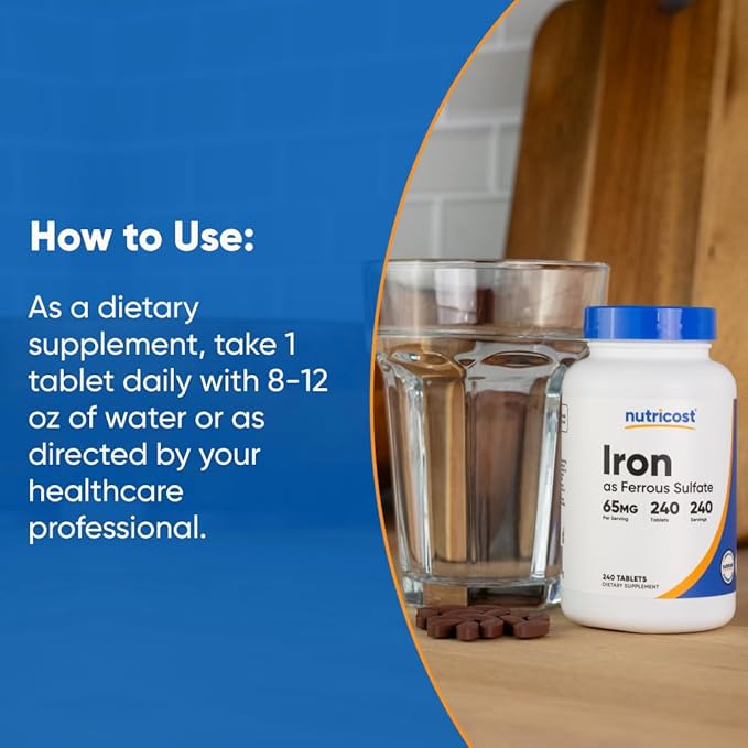 Nutricost Iron (As Ferrous Sulfate) 65mg, 240 Tablets - Non-GMO, Gluten Free (Pack of 2)