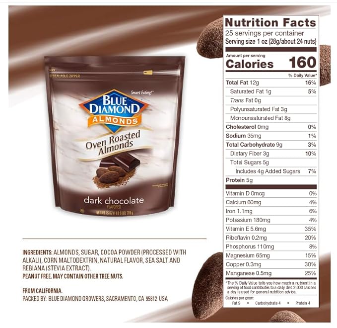 Blue Diamond Almonds, Roasted Dark Chocolate Flavored Snack Nuts, Plant-Based Protein & Fiber, for Events, Holidays, Parties, Lunch, Guilt-Free Snack with Real Cocoa, 25 Oz Resealable Bag (Pack of 2)