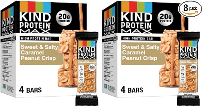 KIND Protein MAX Sweet & Salty Caramel Peanut Crisp Snack Bars, 20g ofProtein, Keto Friendly, 1g ofSugar Per Bar, Gluten Free, 4 Count Box (Pack of 8)