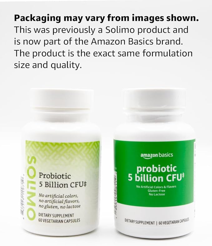 Amazon Basics Probiotic, 5 Billion CFU, No Artificial Colors & Flavors, Gluten-Free, 60 Vegetarian Capsules (Previously Solimo)