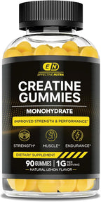 Effective Nutra Creatine Monohydrate Gummies - 1g Creatine per Gummy - Vegan Muscle & Strength Supplement for Men & Women - Supports Muscle Growth, Energy, Endurance - Lemon Flavor, Made in USA (90ct)