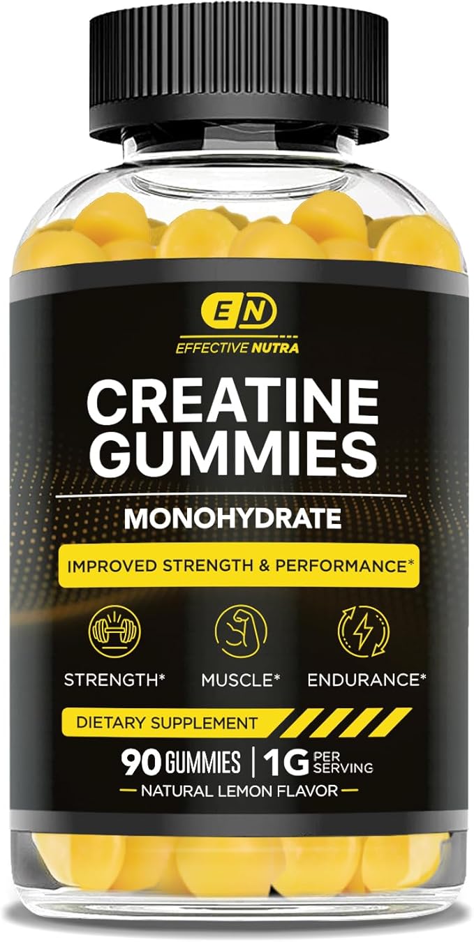 Effective Nutra Creatine Monohydrate Gummies - 1g Creatine per Gummy - Vegan Muscle & Strength Supplement for Men & Women - Supports Muscle Growth, Energy, Endurance - Lemon Flavor, Made in USA (90ct)