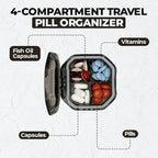 Travel Pill Organizer - Durable, Watertight Pill Case Travel Size with 4 Compartments - Compact Pill Travel Case for Vitamins, Supplements, Medicine - Travel Pill Container for Purse (Gray)