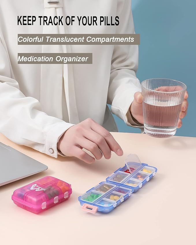 4PS Travel Pill Organizer with 164 Slice Labels，10 Compartments Travel Pill Box Portable Folding Small Pill Case Daily Pill Container Used for Carry Storage Medicine Organizer By M MUchengbao