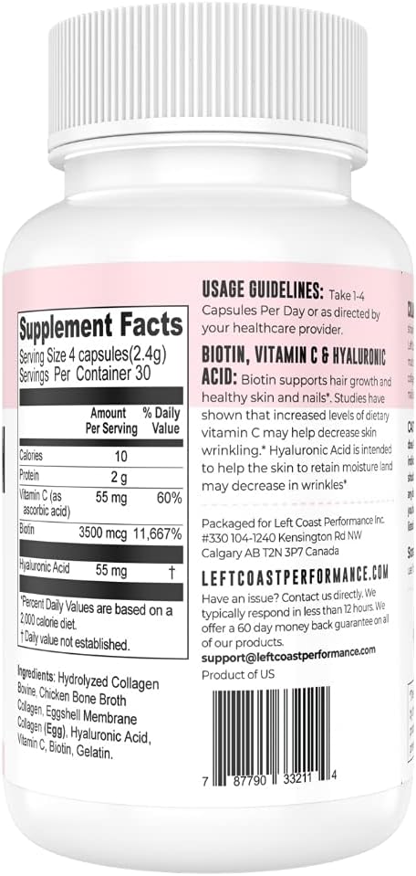 Collagen Capsules with Biotin, Hyaluronic Acid, Vitamin C, Hydrolyzed Multi Collagen Peptide Capsules Types I, II, III, V, X For Skin, Hair, Nails and Joint Health Supplement* 120 Count
