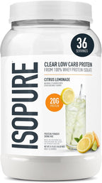 Isopure Clear Whey Isolate Protein Powder, Lactose Free, Gluten Free, Naturally Flavored, Citrus Lemonade, 20g Protein Per Serving, 1.9 Lb, 36 Servings (Packaging May Vary)