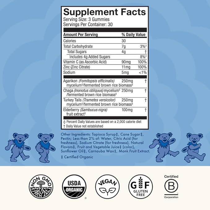Host Defense Beary Well Grateful Dead Gummies - Mushroom Gummies with Agarikon, Turkey Tail, Chaga, Elderberry, Vitamin C & Zinc - Upper Respiratory System Health and Immune Support (30 Servings)