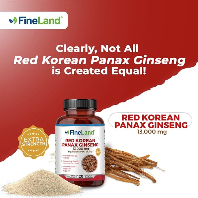 FineLand Red Korean Panax Ginseng 20:1 Extract - Concentrated Immune & Cognitive Support Supplement for Men & Women - 120 Veggie Capsules