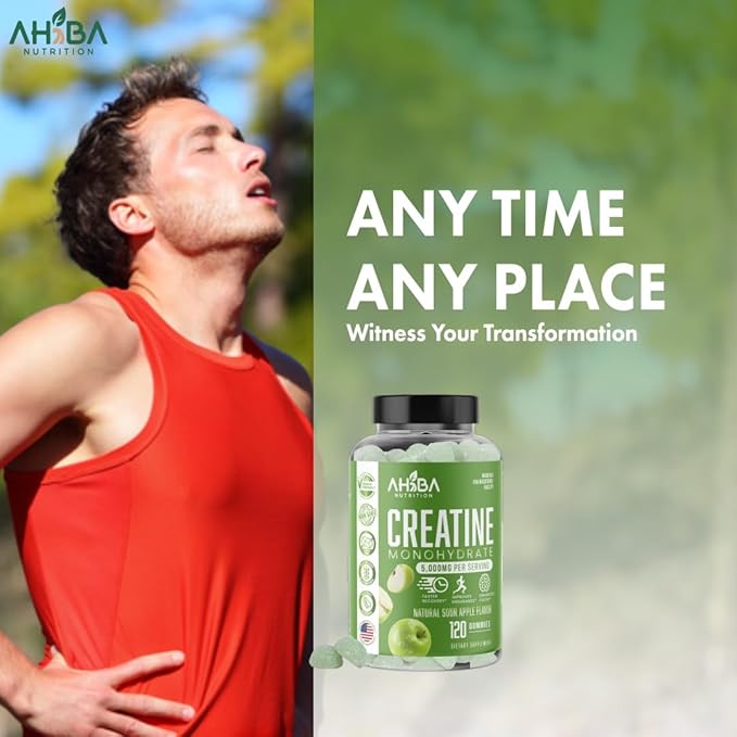 Creatine Monohydrate Gummies 5g per Serving, chewable, Vegan, Non-GMO, Sugar-Free, Soy-Free, Gluten-Free, Men & Women,More Strength & Recovery- Sour Apple Flavor, Made in USA