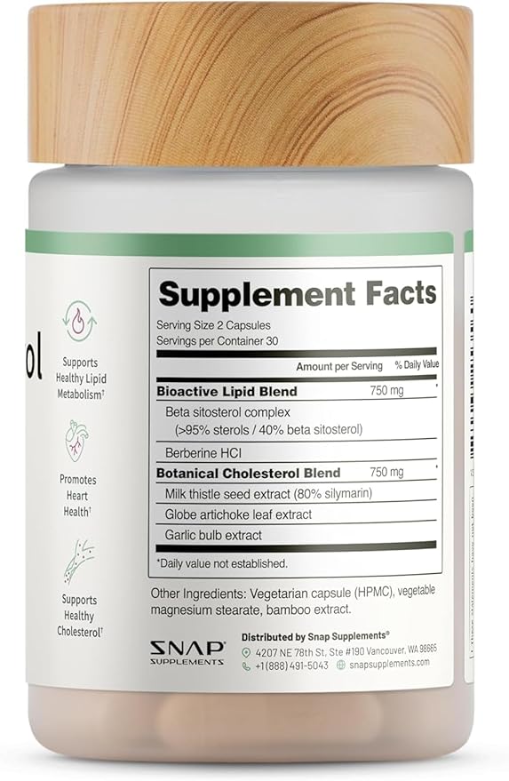Snap Supplements Cholesterol Health - Artichoke, Milk Thistle, Garlic, and Berberine Supplement with Beta Sitosterol (95% Plant Sterols) for Digestive and Metabolic Support, 60 Capsules (30 Servings)