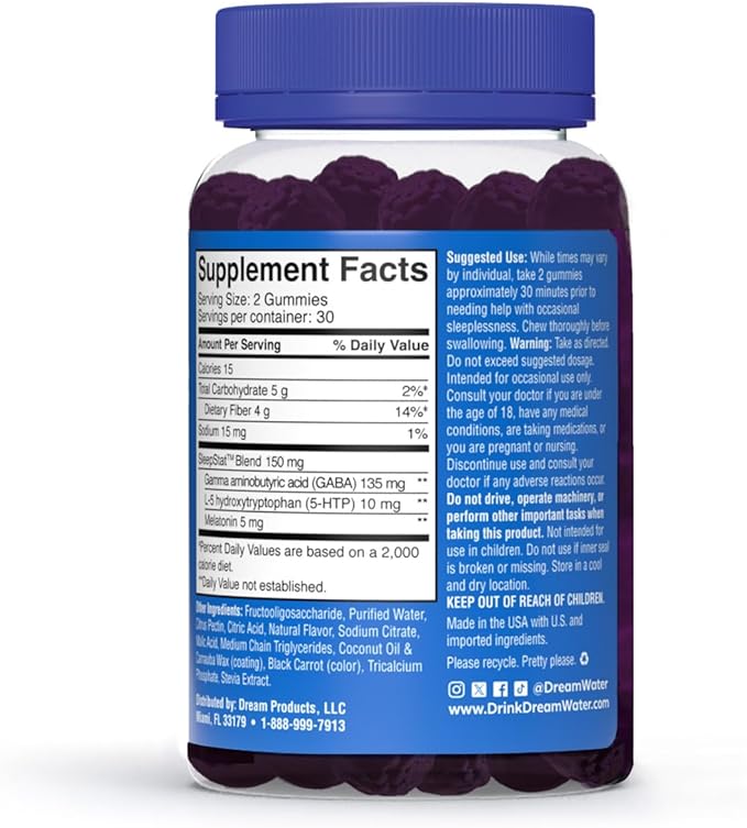 Dream Water Sleep Gummies (60 Count) Sleep Aids for Adults - 5mg Melatonin, GABA, 5-HTP - Natural Snoozeberry Flavor (Blue Raspberry) - Easy Chew Melatonin Gummies - Sugar Free, Gluten Free, Vegan