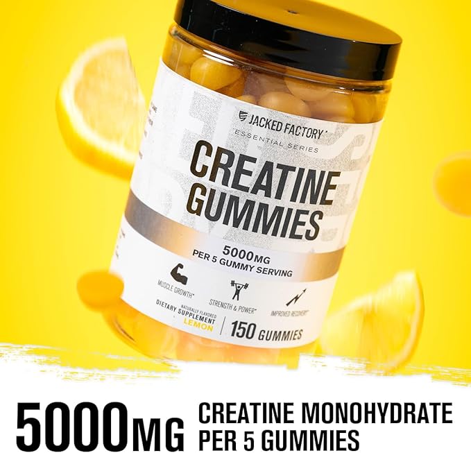 Jacked Factory Creatine Gummies 5g Daily Dose (1g per Gummy) - Creatine Gummy for Men and Women, Vegan-Friendly, Travel-Friendly, Third-Party Tested - 150 Gummies, Lemon