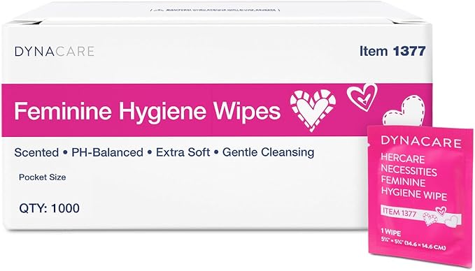 Dynarex HerCare Feminine Hygiene Wipes - 1000 Count - 5.5" x 8" Individually Wrapped, pH-Balanced, Alcohol-Free, Hypoallergenic, Travel Essentials for Women