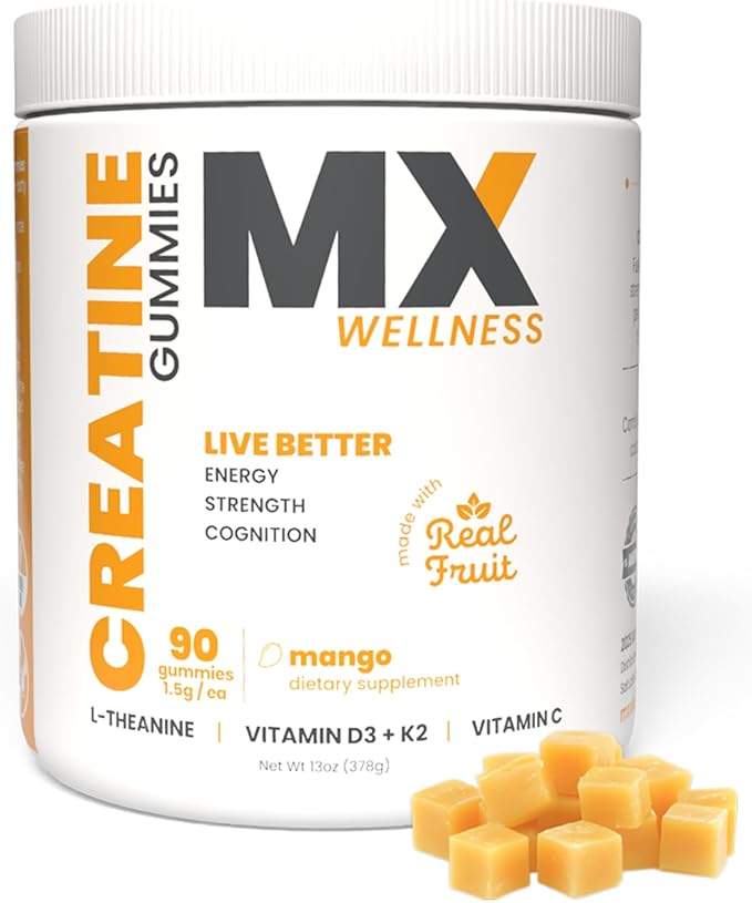 Creatine Monohydrate Gummies for Men & Women – Real Fruit Gummy Supplement for Muscle Growth, Recovery, Longevity, Cognitive Health & Memory – 90 Chews (90 Gummies, Mango)