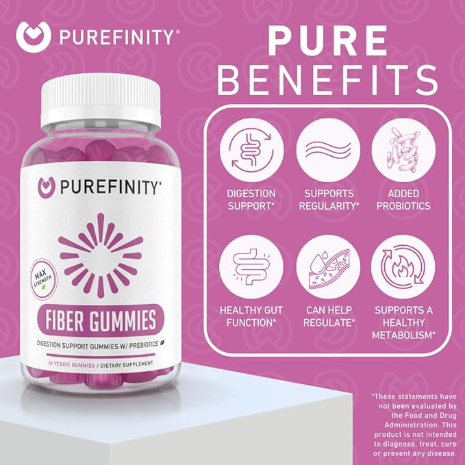 PUREFINITY Fiber Gummies for Adults with Inulin FOS from Chicory Root, Sugar Free Prebiotic Supplement for Daily Digestion & Constipation Support – Non-GMO, Vegan, 60 Count