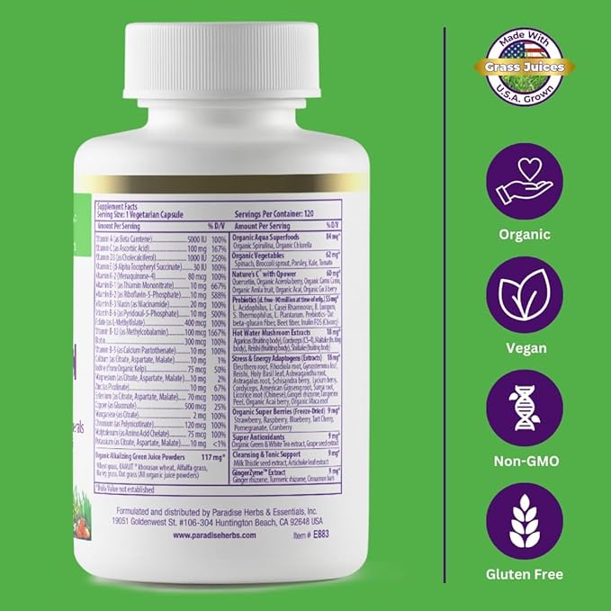 Paradise Herbs Earth's Blend Once Daily Multivitamin, No Iron, 48 Organic Superfoods, Probiotics, Antioxidants, Vitamins A, B12, C, D, K2,120 Count