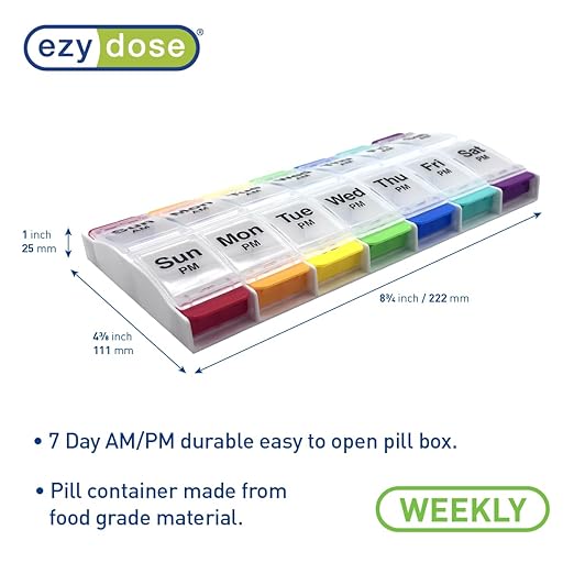 EZY DOSE Push Button (7-Day) Pill Case, Medicine Planner, Vitamin Organizer, 2 Times a Day, AM/PM Container, X-Large Compartments, Arthritis Friendly, Easy to Use, Clear Lids, Rainbow, BPA Free