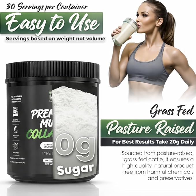Multi Collagen Peptides Powder Unflavored - 5 Types Multi Collagen Complex (I, II, III, V, X) - Grass Fed Hydrolyzed Powder Collagen for Hair, Skin, Nails, Joints & Gut Health - 30 Servings