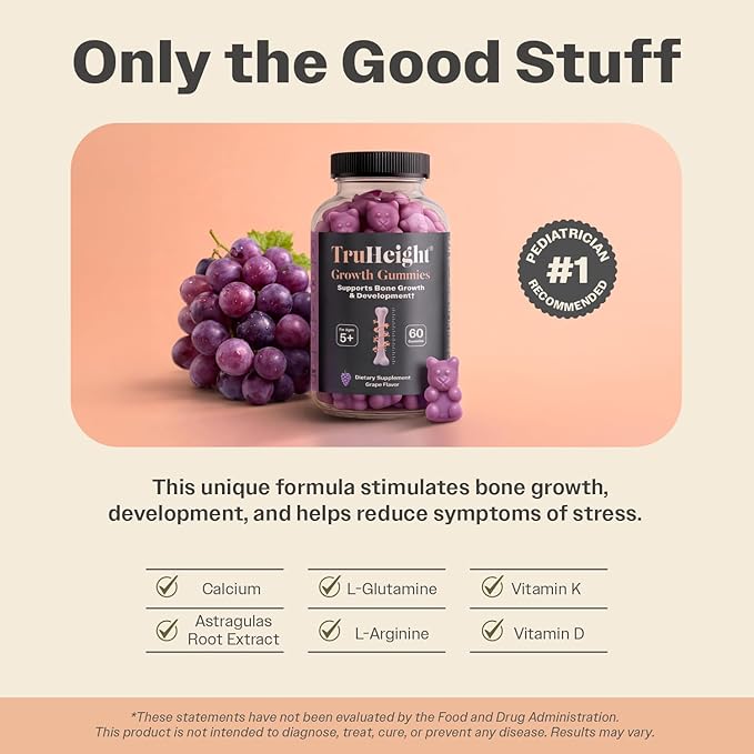 TruHeight Growth Gummies (Grape) Tall Nutrition for Natural Growth Supplement for Kids & Teens - Vitamin D, K, Calcium & Ashwagandha, Bone Strength Vitamins D3 K2, Picky Eater, Taller Ages 5+