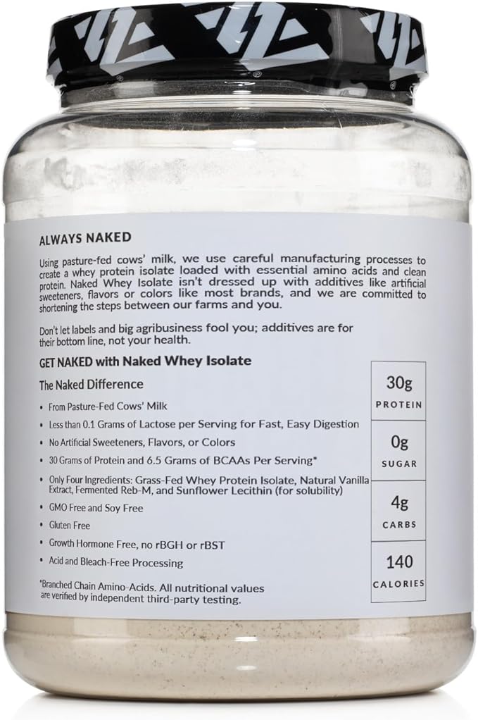 NAKED Vanilla Whey Isolate Protein - Only 4 Ingredients, 30g Grass-Fed Protein, Undenatured, No GMO, No Soy, Gluten-Free, No Preservatives - 24 Servings