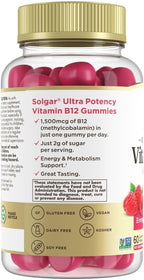 Solgar Methyl B12 Gummies for Adults 1,500mcg Ultra Potency Vitamin for Energy & Metabolism Support, Raspberry Flavor, Vegan & Gluten-Free Gummy for Women & Men, 2 Month Supply, 60 Servings, 2g Sugar