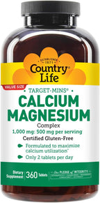 Country Life Target-Mins Calcium Magnesium Supplement for Bone Health, 1000mg Calcium, 500mg Magnesium, Gluten Free, 2:1 Ratio for Optimal Utilization