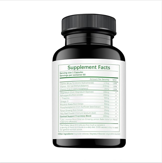 Cortisol Manager Supplement for Women and Men Adrenal Support with Ashwagandha, Rhodiola Rosea, Holy Basil, Mood & Sleep Support - Non-GMO, Vegan Capsules (60 Count)