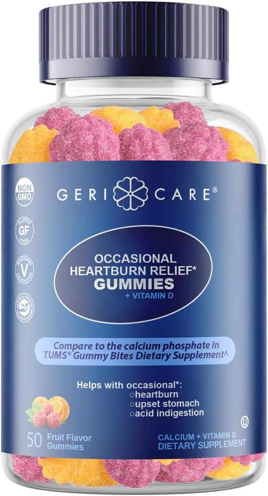 GeriCare Antacid with Vitamin D Gummies, Compare to TUMS Gummy Bites, Fruit Flavor, 50 Count, Non-GMO, Gluten-Free, Vegan, Naturally Sourced for Heartburn, Upset Stomach & Acid Indigestion (1 Pack)