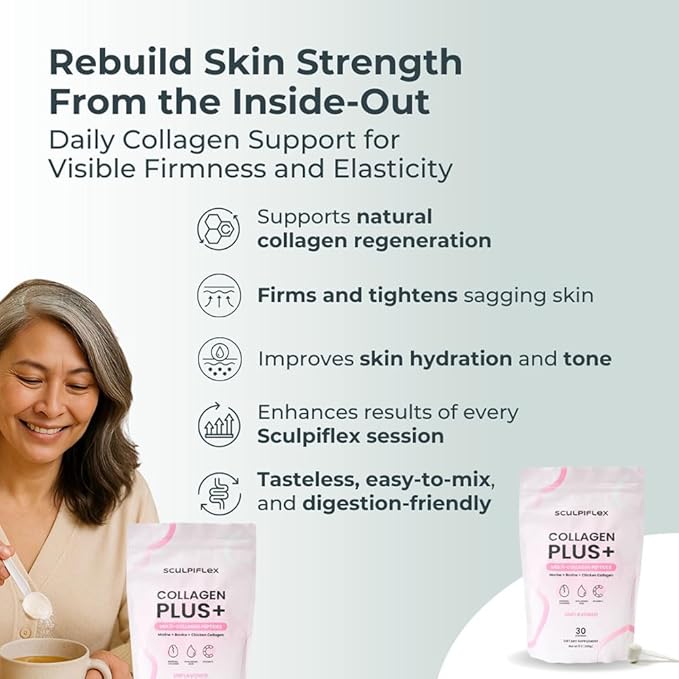 Sculpiflex Hydrolyzed Collagen Peptides Powder, Marine, Bovine, and Chicken Unflavored Multi Collagen Complex for Women, Firms Skin and Boosts Elasticity, Hydrating with Hyaluronic Acid (30 Servings)