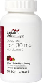 Bariatric Advantage Iron 30 mg Chewy Bite with Vitamin C - for Bariatric Patients - Sugar-Free - Chocolate Raspberry - 30 Count