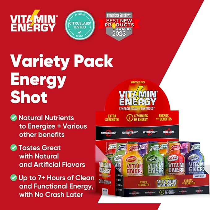 Vitamin Energy Extra Strength Energy Shot Variety Pack 12 Pack, 260mg Natural Caffeine, B-Vitamins, Vitamin D, NALT, Rhodiola, Mood, Focus, Immunity & Strength Support, Zero Sugar, Vegan, 1.93 fl oz