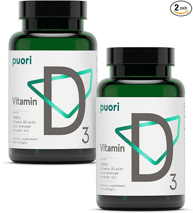 Puori Vitamin D3 Softgels, 2500 IU (62.5 mcg) - Fast Absorbing Vitamin D3 Supplements for Immune System Support, Bone Health & Density and Healthy Muscle Functions - Non-GMO & Gluten-Free - 240 Count