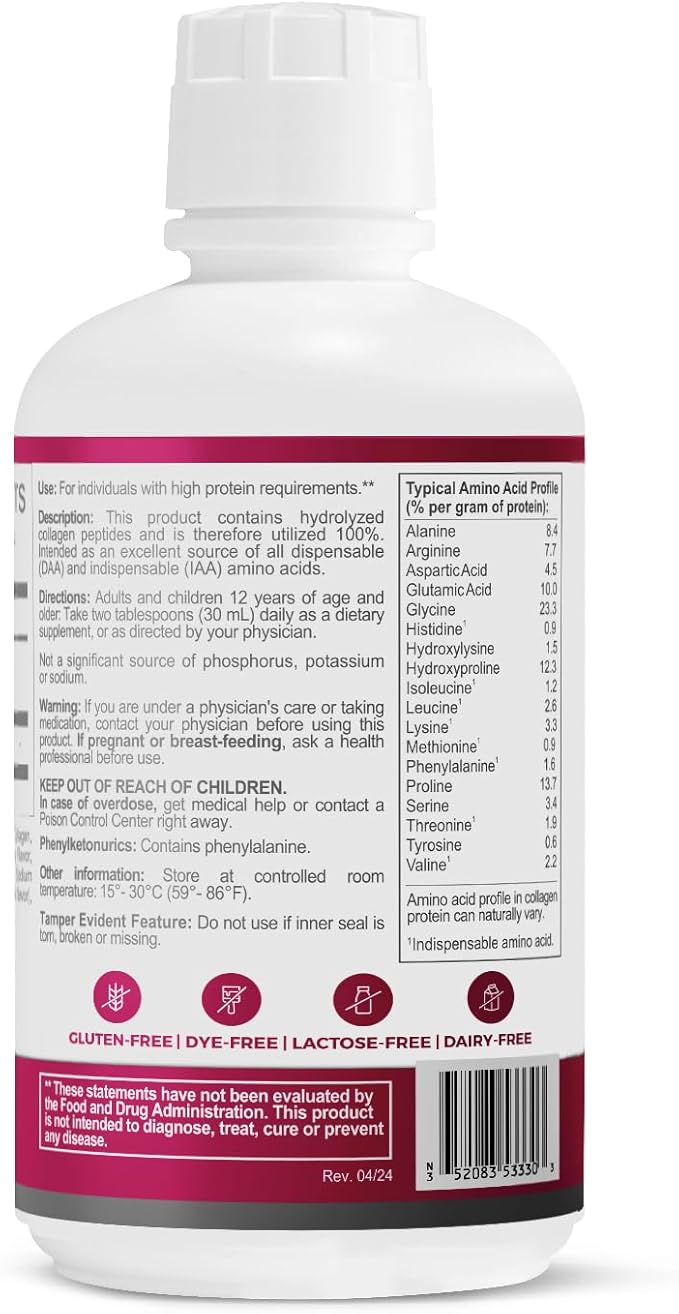 PreProtein 15 Liquid Hydrolyzed Collagen Peptides – Sugar Free Cherry Flavor Drink – 15g Protein Amino Acid Supplement for Bariatric Recovery, Joint Support & Wound Care – 30oz